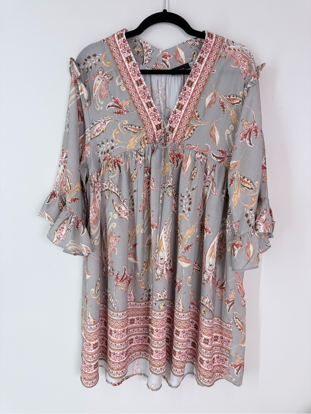 Vici Grey & Pink Boho Paisley Tunic Dress With Ruffle Sleeves Small